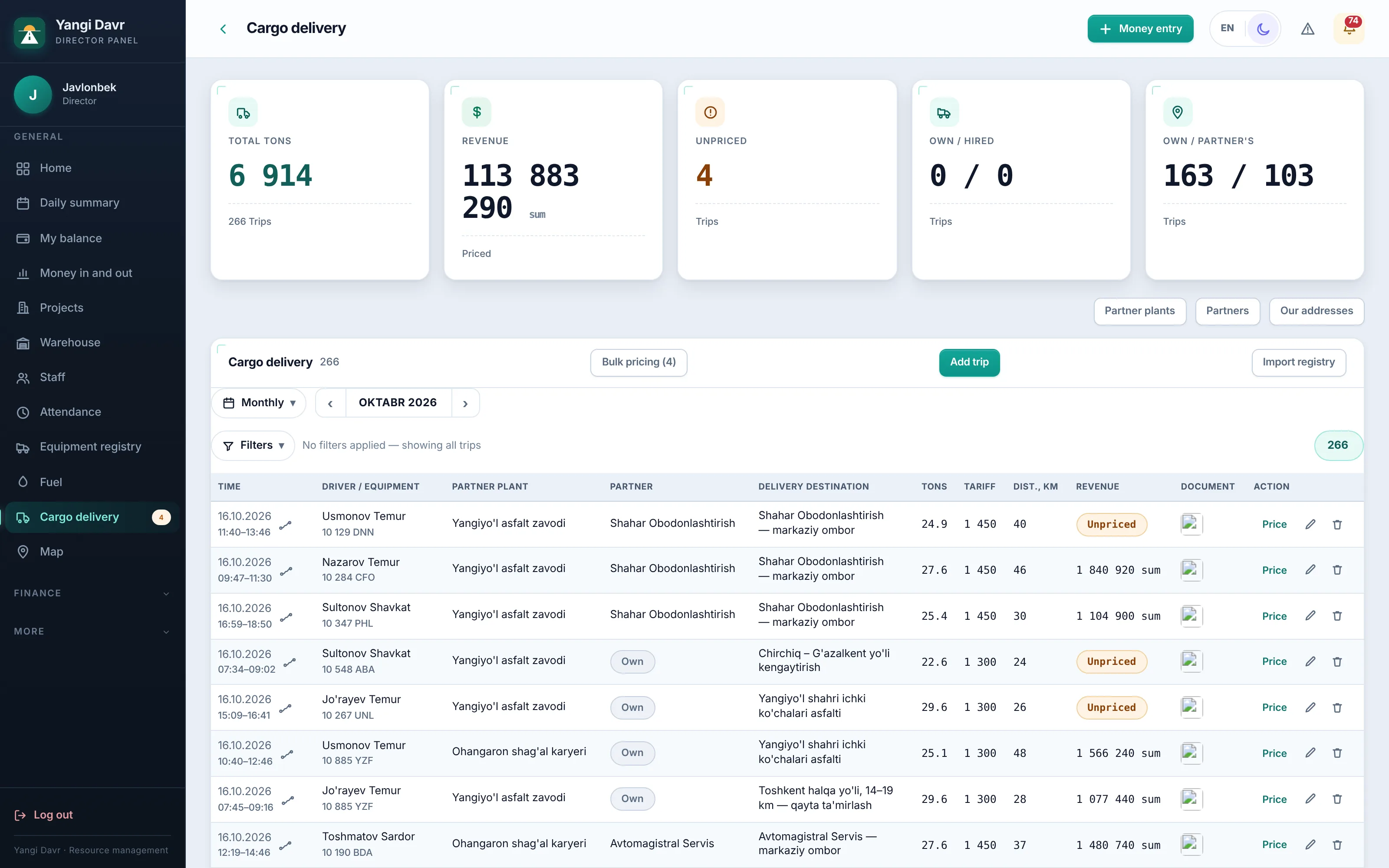 Hauling: total tonnes, revenue and a table of trips
