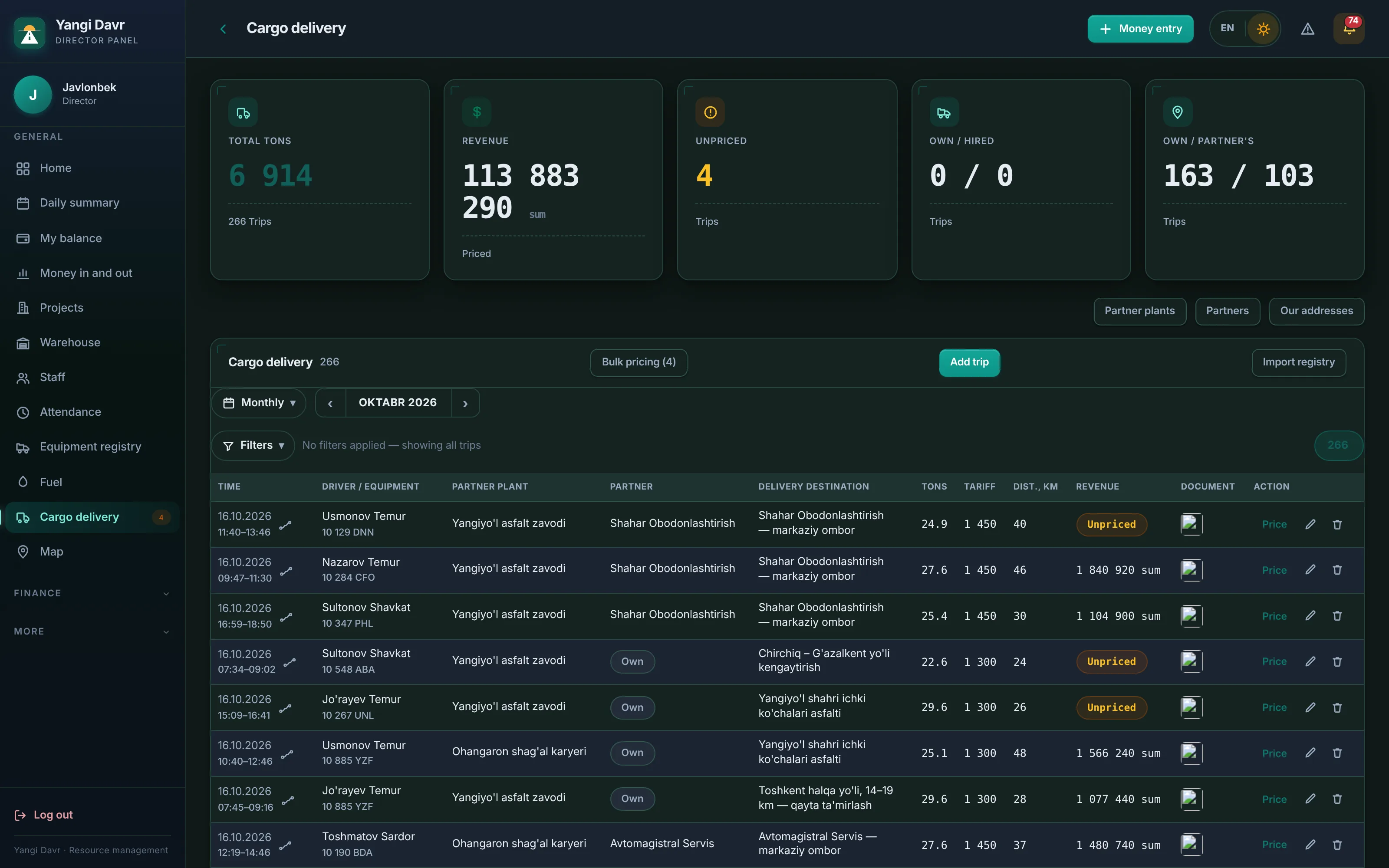 Hauling: total tonnes, revenue and a table of trips